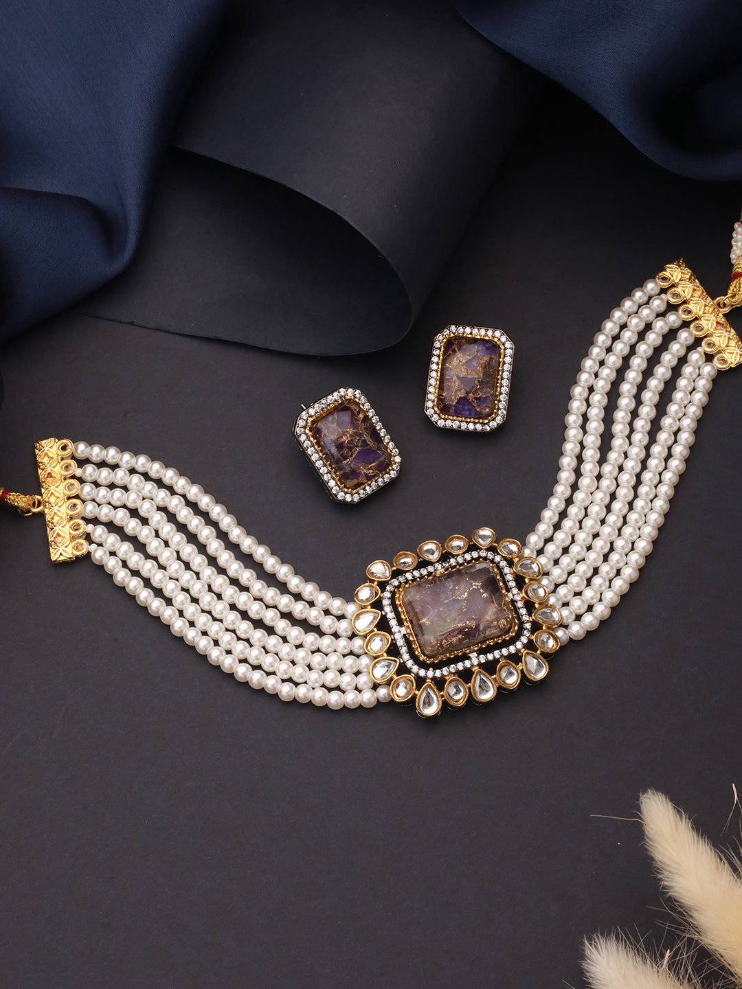 Gold Toned Amethyst Kundan Studded Layered Pearl Necklace Choker Jewellery Set